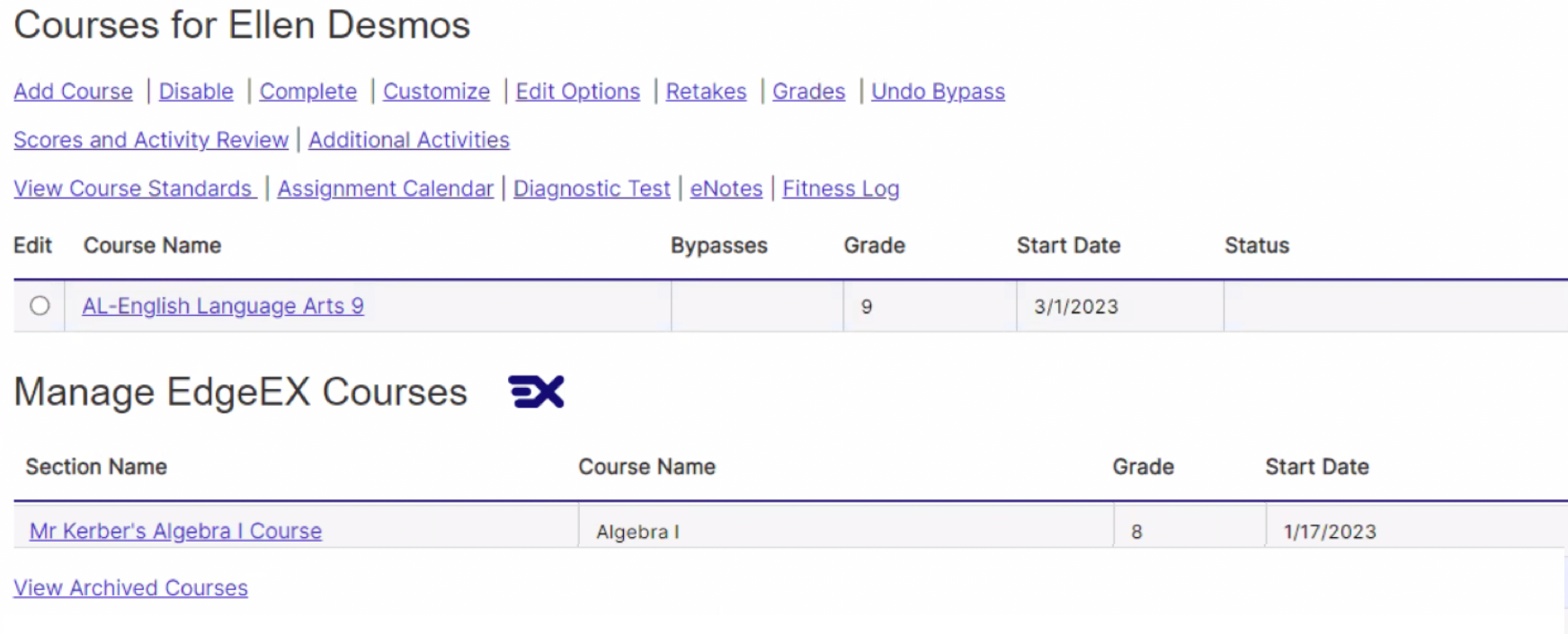 EdgeEX and heritage Edgenuity — Working in the Student Course List