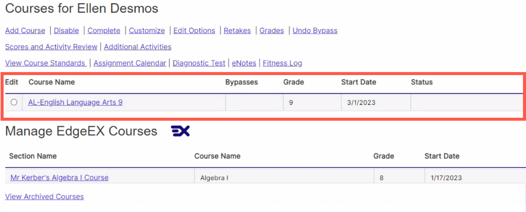 EdgeEX and heritage Edgenuity — Working in the Student Course List