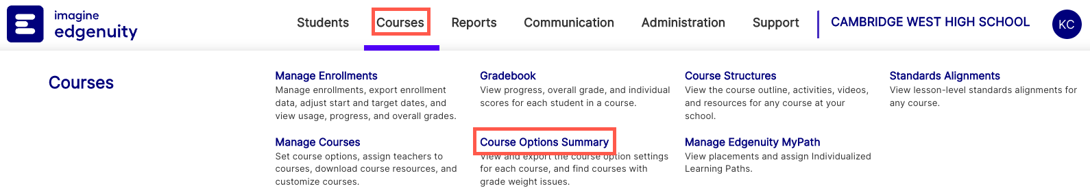 Course Options Summary Edgenuity